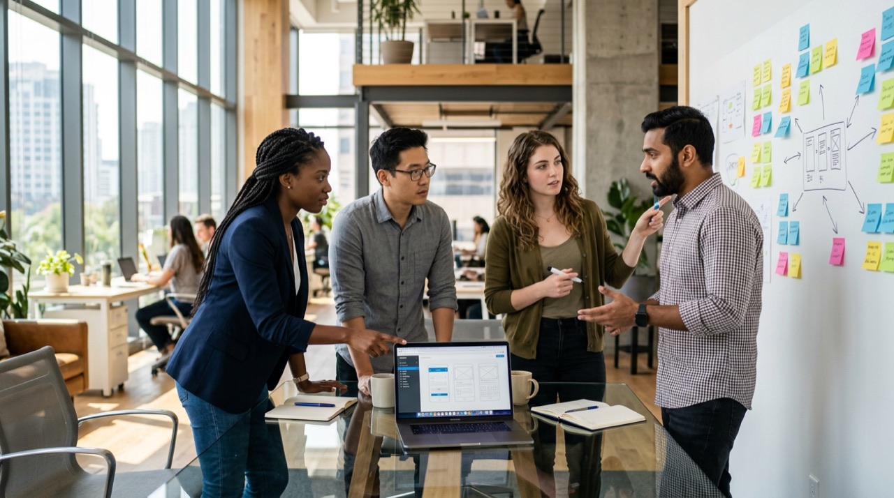 Fotografia: team professionale in ufficio moderno durante una riunione prodotto collaborativa