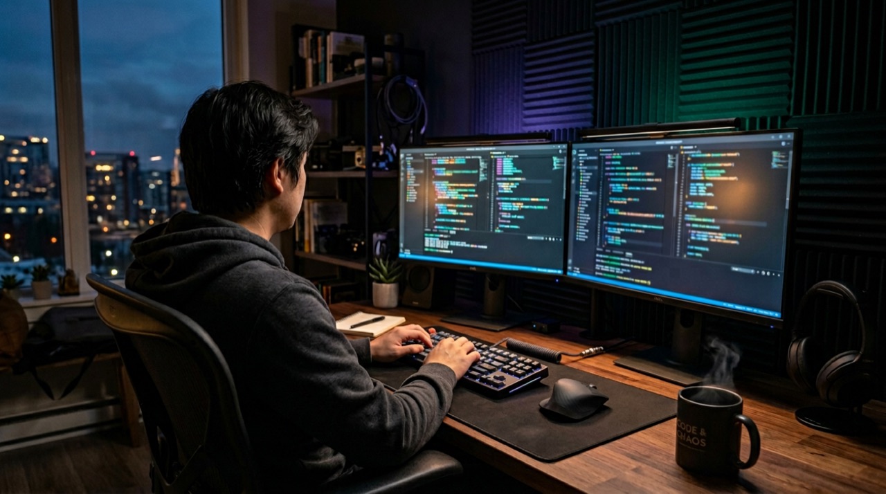 Fotografia: postazione da sviluppatore con monitor, illuminazione ambientale e ambiente da lavoro tech
